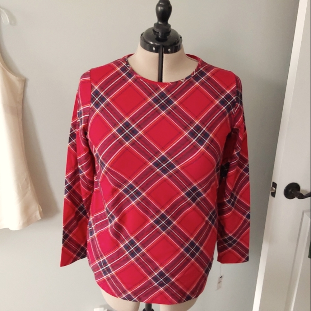 Stretchy, plaid, Talbots tee. Size X. Length from shoulder seam is ~26"